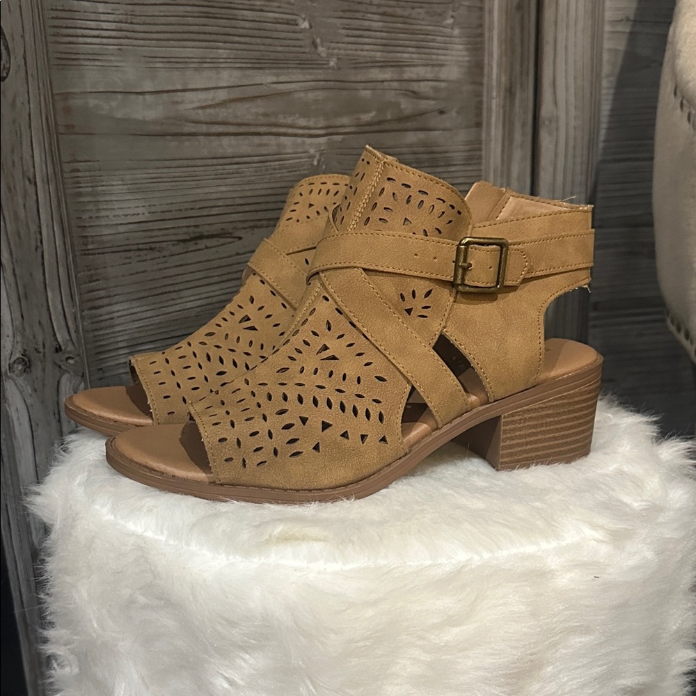 Women's Tan Peep-Toe Ankle Boots